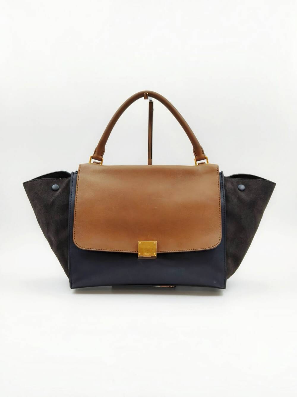 Celine Trapeze Tricolor Leather Suede Top Handle Shoulder Bag Brown Black